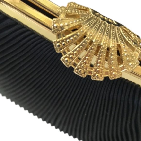 Elegant Pleated Satin Accordion Style Gold Detail Snap Lock Evening Clutch - Picture 3 of 7